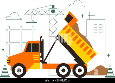 Construction Vector Illustration Featuring Workers, Cranes, Excavators, Dump Trucks, and Heavy Machinery at a Building Site with Safety Equipment Stock Vector