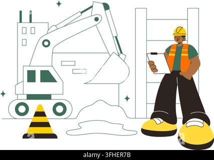Construction Vector Illustration Featuring Workers, Cranes, Excavators, Dump Trucks, and Heavy Machinery at a Building Site with Safety Equipment Stock Vector