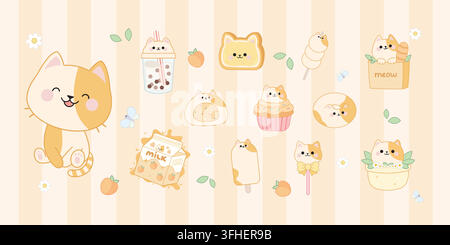 Cute Kawaii Cat Character Collection with Desserts and Everyday Objects Stock Vector