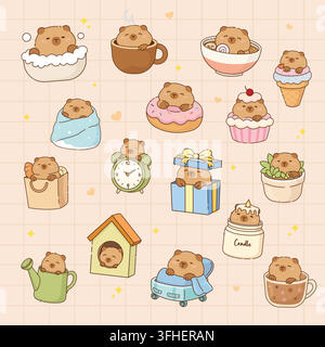 Cute kawaii capybara characters interacting with everyday objects clipart set Stock Vector