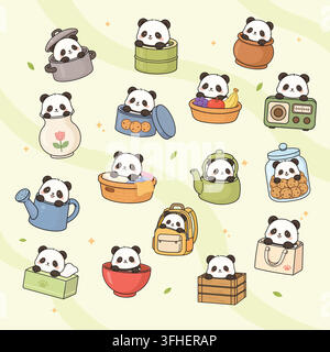 Cute kawaii panda characters interacting with everyday objects clipart set Stock Vector