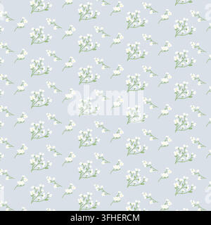 Delicate white baby's breath floral seamless pattern on pastel blue background Stock Vector