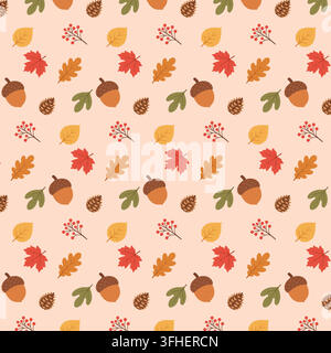 Autumn leaves and acorns seamless pattern on beige background Stock Vector