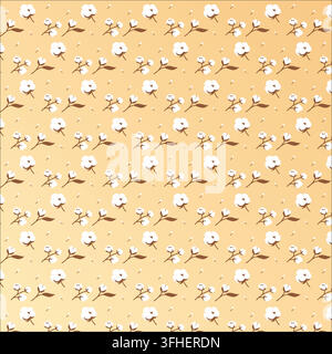 Cute white cotton flower seamless pattern on orange background Stock Vector