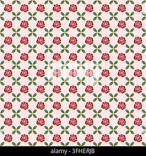 Red rose floral seamless pattern with green leaves on soft pink background Stock Vector