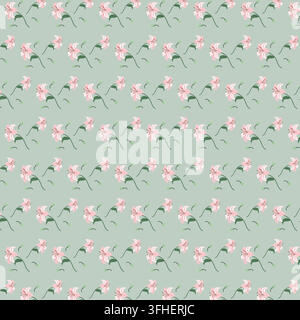 Pink lily floral seamless pattern on pastel green background Stock Vector