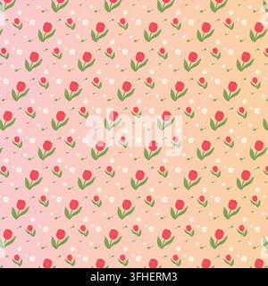 Delicate pink tulip floral seamless pattern on beige background Stock Vector