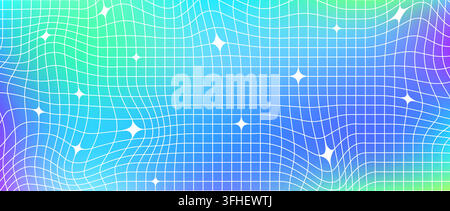 Y2k trippy acid sparkle grid mesh background. Distorted star wireframe pattern. Groovy neon gradient twinkle and line checkered wallpaper. Vector colorful gradation nostalgic aesthetic tile texture Stock Vector