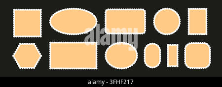 Yellow beige postage stamp collection. Wavy scallop post border set for mail, postcard, letter. Jagged edge forms for poster, banner, badge, sticker, emblem, postmark, card. Vector postal frame bundle Stock Vector