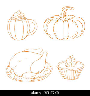 Set of hand drawn thanksgiving elements. Pumpkin pie, turkey, pumpkin, warm drink in line art style. Perfect for seasonal posters, invitation, cards. Stock Vector