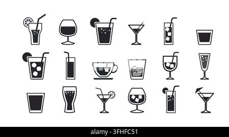 Big set of 18 drink and beverage vector icons. Black line art with solid black fill style on white background. Clean outline glassware collection Stock Vector