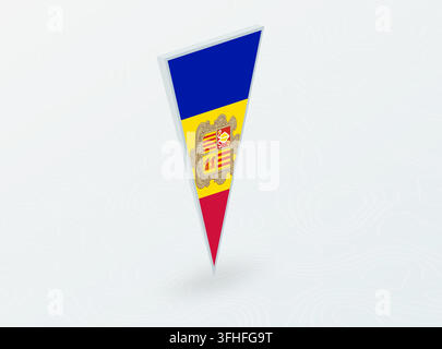 3D Flag of Andorra in Triangular Pin Shape on Abstract Background. Ideal for maps, navigation, international events, and national pride concepts. Stock Vector