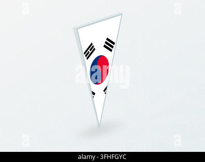 3D Flag of South Korea in Triangular Pin Shape on Abstract Background. Ideal for maps, navigation, international events, and national pride concepts. Stock Vector
