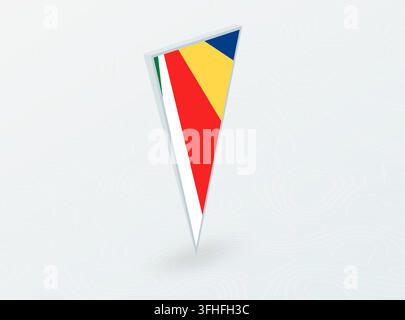 3D Flag of Seychelles in Triangular Pin Shape on Abstract Background. Ideal for maps, navigation, international events, and national pride concepts. Stock Vector