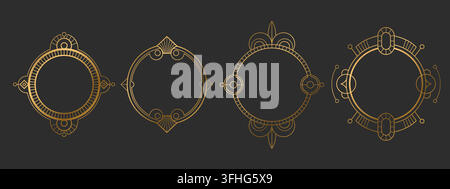 Elegant art deco circle frames with golden border and geometric ornament. Vector vintage luxury design elements for premium labels and decorative badges. Round retro templates isolated on black Stock Vector