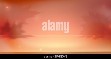 Autumn background with podium display. Golden leaves and warm fall shadows. Studio platform for seasonal product or cosmetic display on vibrant orange backdrop. Vector illustration. Stock Vector