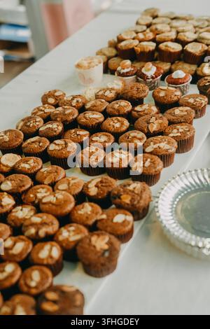 Assorted chocolate mini cupcakes with almond toppings arranged neatly on a white table Stock Photo