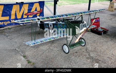 Close-up of a scale model of the Fokker D.VII, German World War I fighter, on display  at the LMA stand, during Brooklands Museum Aviation Day Stock Photo
