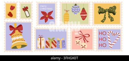 Whimsical christmas postage stamps in vintage colors. Set of mail postmarks. Hand drawn xmas bell, poinsettia, red bows and ornaments, presents. Stock Vector