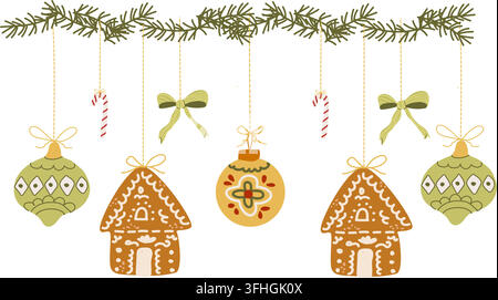 Charming Christmas border brush featuring playful bows, festive ornaments and decorated gingerbread cookies on a clean white background. Colorful whimsical flat design for textiles and holiday packaging Stock Vector