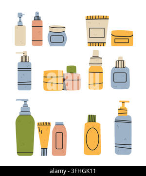 Skincare routine step guide self care routine collection of cosmetic bottles jars tubes in pastel colors flat hand drawn style isolated on white Stock Vector