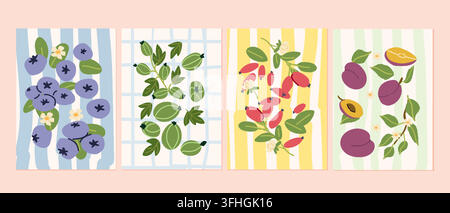 Contemporary Mediterranean fruit posters set. Assorted berries with, blueberries, plum, gooseberries and barberries, arranged among simple botanical accents on a striped backdrop Stock Vector