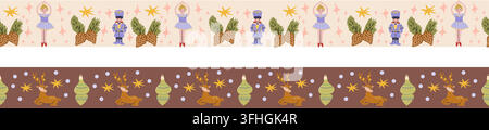 Christmas ornament seamless borders set. Xmas toys and reindeer washi tapes. Vector illustration isolated in cartoon flat style. Stock Vector