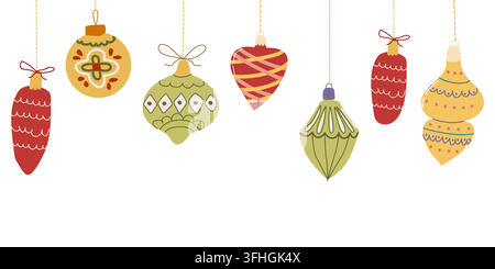 Christmas seamless border with hanging whimsical tree ornaments on a white background. Festive flat style for winter textile, wrapping paper and packaging Stock Vector