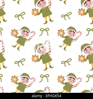Cute whimsical christmas pattern with bows and elf, candy cane and gingerbread. Christmas cookies and gnome seamless background in cartoon flat style. Stock Vector
