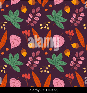 Seamless autumn leaf pattern on a dark background, featuring luminous emerald, orange-yellow, cool pink and red foliage in a sophisticated flat minimalist hand drawn vector style. Stock Vector
