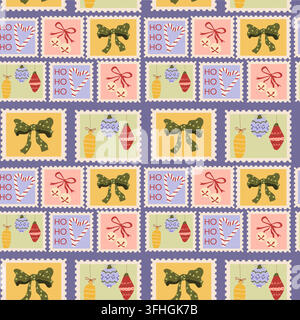 Playful Christmas seamless pattern inspired by vintage postage stamps, featuring adorable holiday treats, candy canes, whimsical bows and ornaments on a purple background. Stock Vector