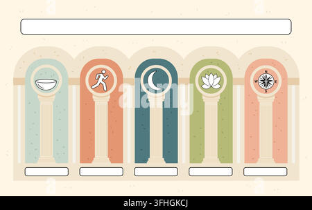 Five pillars of wellness poster holistic wellness concept showing classical columns with icons for nutrition exercise sleep mindfulness purpose pastel Stock Vector