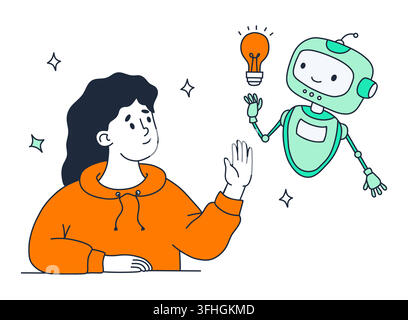 AI Idea Generation With Robot Assistant And Freelancer Woman. Remote Worker Brainstorming With Artificial Intelligence Chatbot For Business And Learni Stock Vector