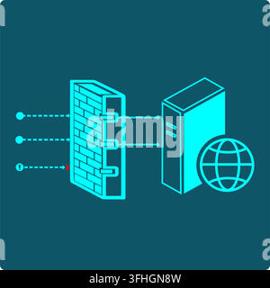Firewall protection icon: incoming requests pass through a chain of rules, malformed or invalid ones blocked before reaching the system. Stock Vector