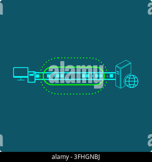 VPN Tunnel-traffic passes through a smaller encrypted channel nested inside the open network, protected only for that inner stretch to the server Stock Vector