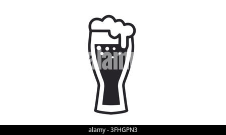 Beer glass with foam and bubbles vector icon. Black line art with solid black fill style on white background. Stock Vector