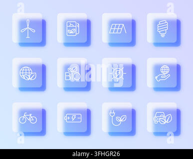 A refined glassmorphism vector icon set featuring various environmental and sustainable energy symbols arranged in a neat grid against a soft gradient Stock Vector