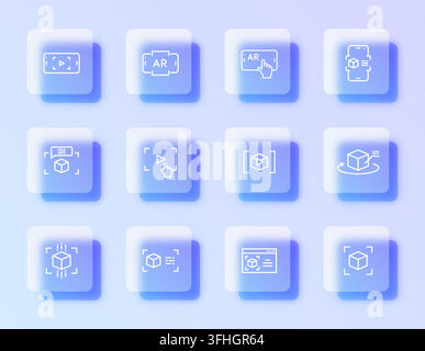 A vector icon set featuring augmented reality concepts, designed with a modern glassmorphism effect, showcasing various 3D object manipulation, AR int Stock Vector
