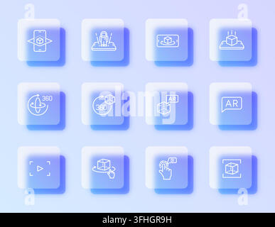 A collection of augmented reality and 3D technology concepts using a glassmorphism style. Each vector icon set features thin white line art on translu Stock Vector