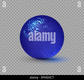 Deep blue 3D sphere with rippled, wavy surface texture and glowing cyan highlights. Glossy dark blue material ball with curved surface for 3D shader m Stock Vector