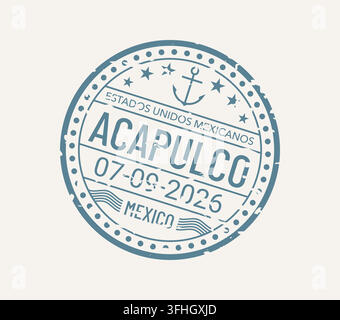 Acapulco Mexico travel passport ink stamp with distressed circular dotted border, anchor icon and bold text. Vacation visa stamp for travel blog heade Stock Vector