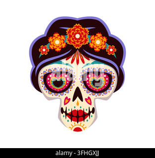 Cartoon calavera female Mexican sugar skull face with black hair, orange marigold flowers and heart shaped eyes. Traditional Day of the Dead character Stock Vector