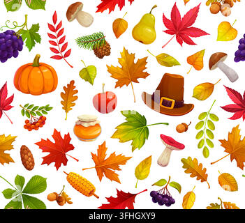 Thanksgiving Day seamless pattern background for autumn fall holiday. Thanksgiving seamless pattern of pumpkins with oak acorns and maple leaves, pilg Stock Vector