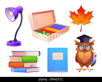 Cartoon school items and supplies icons, education characters set. Cartoon student books and notebook, desk lamp and plasticine stationery, autumn lea Stock Vector
