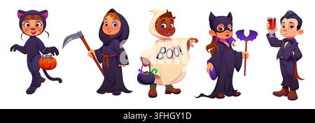 Kids Halloween party. Cartoon children characters with pumpkin buckets in spooky costumes of black cat, vampire, grim reaper, bat and ghost. Vector bo Stock Vector