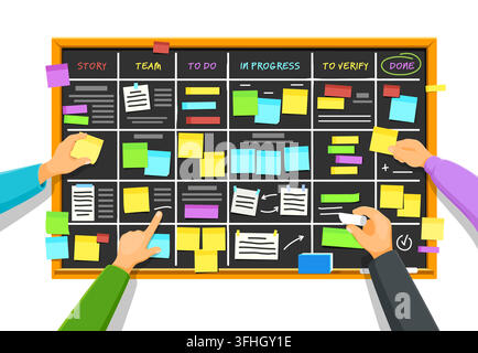 Brainstorm project management scrum Kanban board with manager hands and sticky note paper tasks. Cartoon agile task board featuring columns and paper Stock Vector