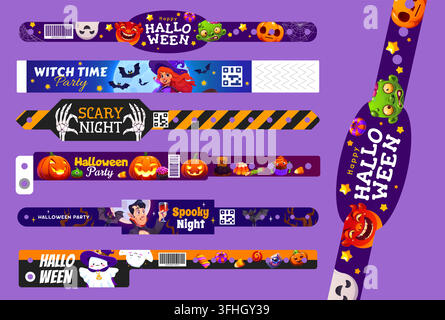 Happy Halloween wristband paper hand bracelet, scary night party pass mockup. Paper wristbands with ghosts, pumpkins, witch, vampire and scary sweets. Stock Vector