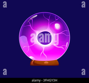 Cartoon spooky Halloween font number 0 with glowing purple crystal ball on wooden stand. Scary holiday letter typeface for Halloween party invitations Stock Vector