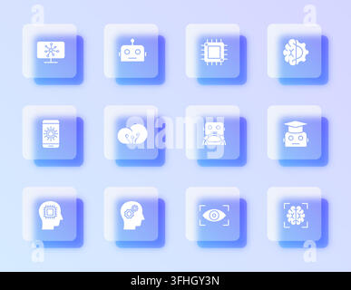 A vector icon set featuring artificial intelligence concepts designed with modern glassmorphism aesthetic, showcasing various technology motifs agains Stock Vector