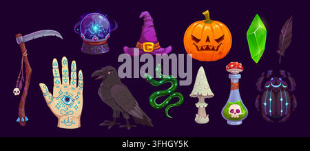 Cartoon scary Halloween holiday game characters and UI asset icons set. Spooky Halloween pumpkin lantern, witch hat, magic potion bottle and crystal b Stock Vector
